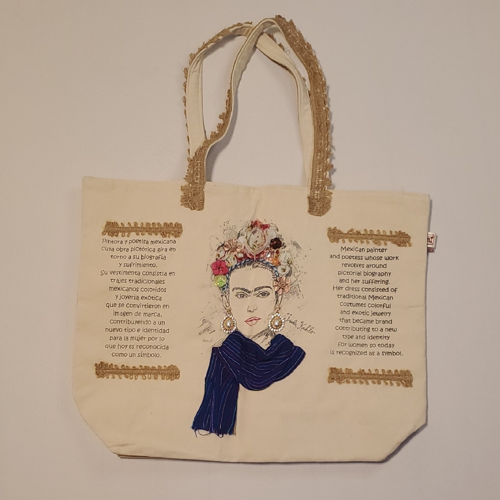 Artsy Unique Frida Kahlo Canvas Tote Bag w/ Beads & Scarf Accents